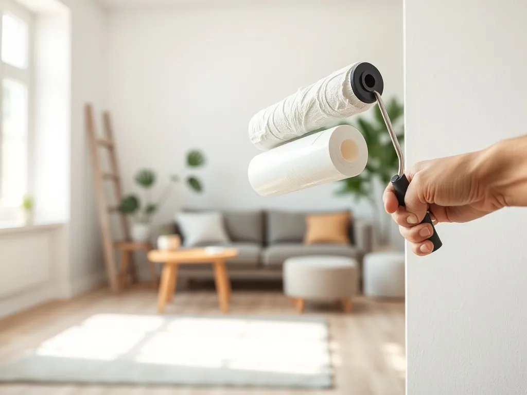 Ręka malarza nanosi białą farbę wałkiem na ścianę w nowoczesnym, jasnym salonie, podkreślając efekt świeżego wykończenia.