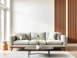 Nowoczesny salon w stylu skandynawskim z lamelami na ścianie, jasną sofą i stolikiem z rośliną w minimalistycznej aranżacji.