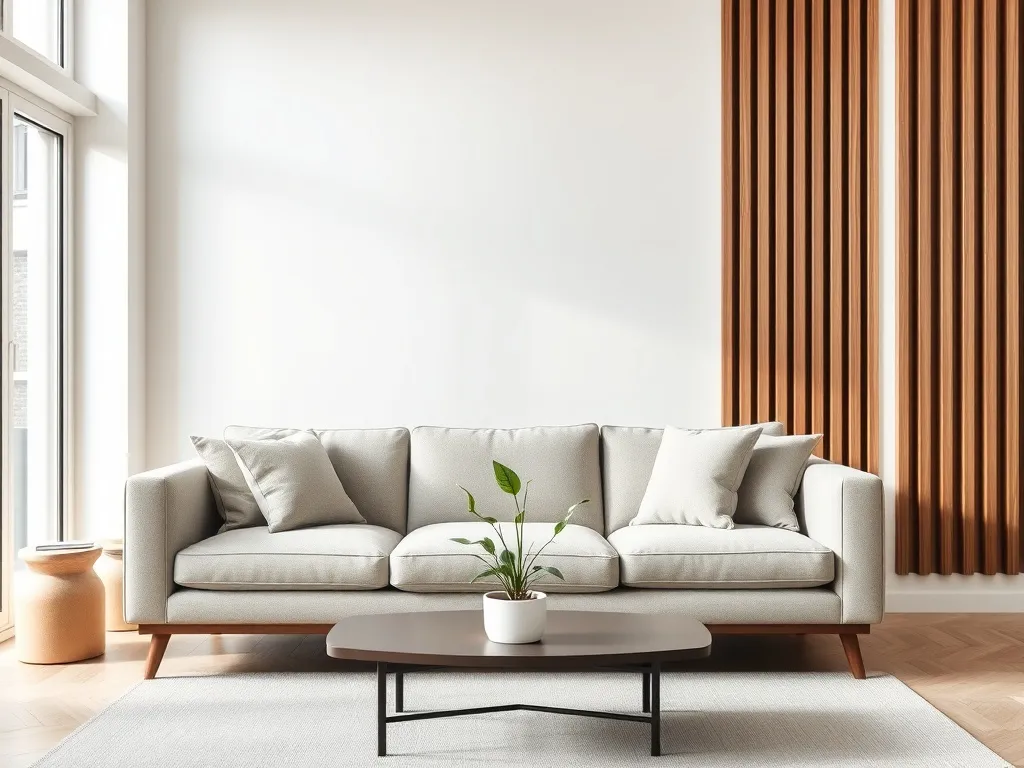 Nowoczesny salon w stylu skandynawskim z lamelami na ścianie, jasną sofą i stolikiem z rośliną w minimalistycznej aranżacji.