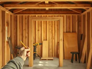 Mężczyzna mierzy ołóżnicę drzwi garażowych w drewnianym garażu, przygotowując montaż drzwi krok po kroku.