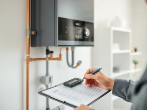 Technik oblicza koszt montażu nowoczesnego pieca gazowego w jasnej kotłowni, trzymając kalkulator i kosztorys.