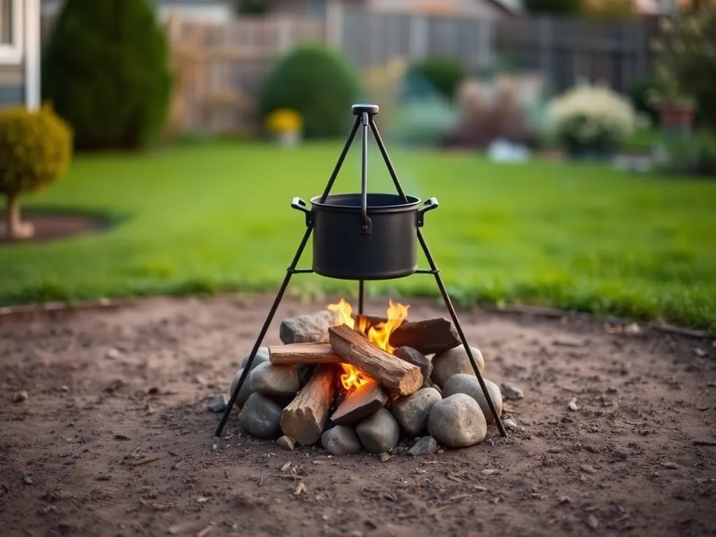 Żeliwny kociołek na metalowym trójnogu nad małym ogniskiem z kamieni, ustawionym w spokojnym, zielonym ogrodzie.