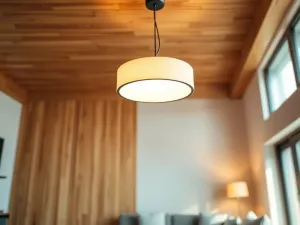 Minimalistyczna, okrągła lampa sufitowa na drewnianym suficie, dająca ciepłe światło i podkreślająca naturalne usłojenie drewna.