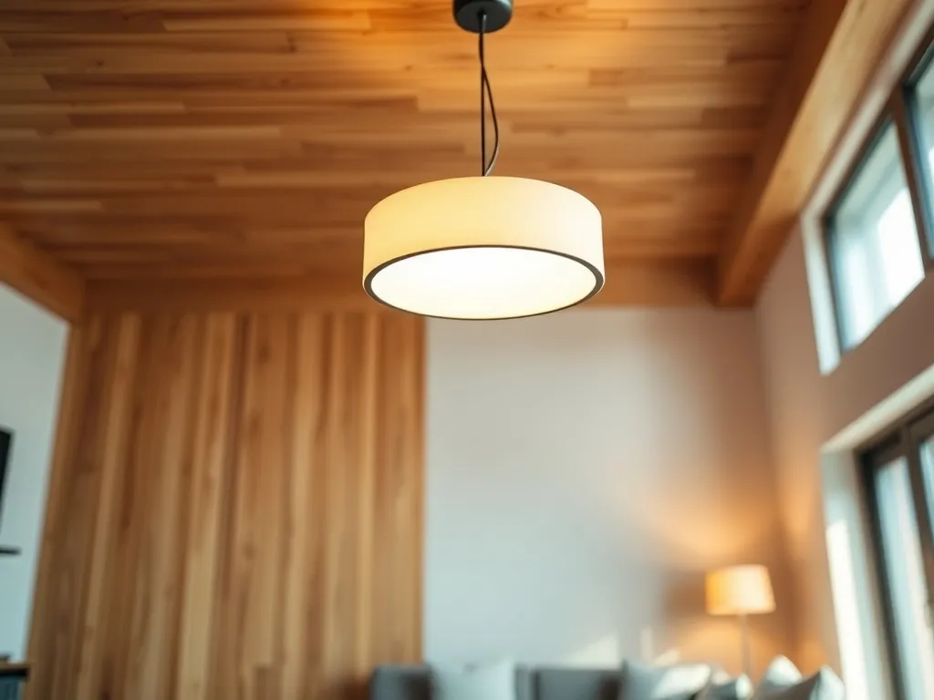 Minimalistyczna, okrągła lampa sufitowa na drewnianym suficie, dająca ciepłe światło i podkreślająca naturalne usłojenie drewna.