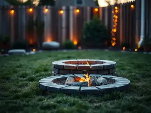 Okrągłe ognisko z cegieł w ogrodzie o zachodzie słońca, mały płomień, wokół trawa i kamienne miejsca do siedzenia