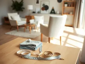 Tapicerowanie krzesła przy stole: próbki tkanin, miarka i narzędzia pokazujące etapy oraz koszt prac tapicerskich.