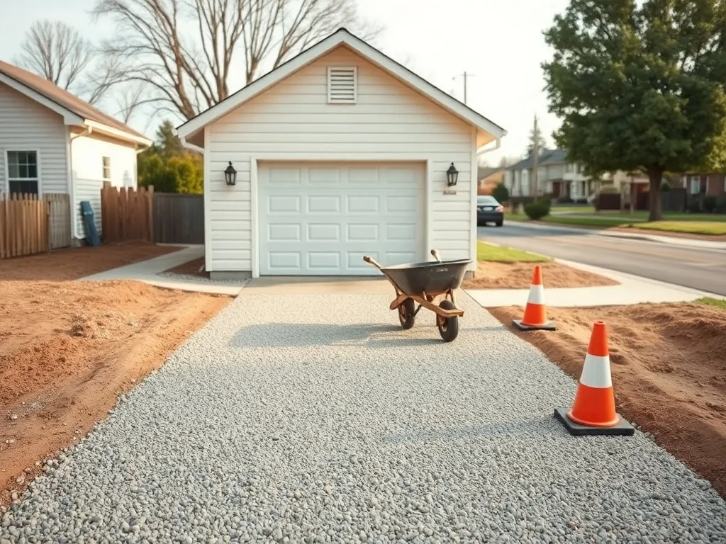 Mały dom z garażem i budowany tymczasowy podjazd żwirowy, narzędzia i pachołki pokazujące etapowe prace przy wjeździe