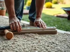 Ręce pracownika wyrównujące podsypkę z piasku i żwiru pod kostkę brukową na podjeździe w ogrodzie.