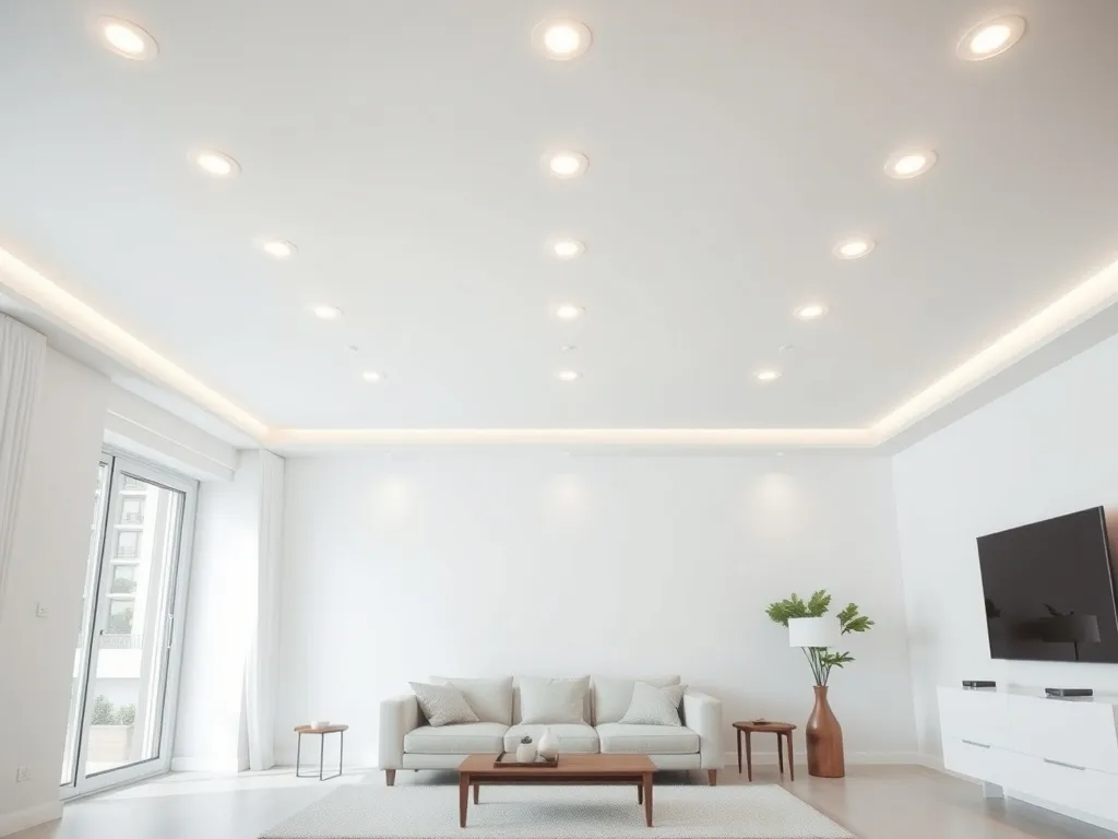 Nowoczesny salon z równomiernie rozmieszczonymi halogenami w suficie, tworzącymi przytulne i dobrze doświetlone wnętrze.