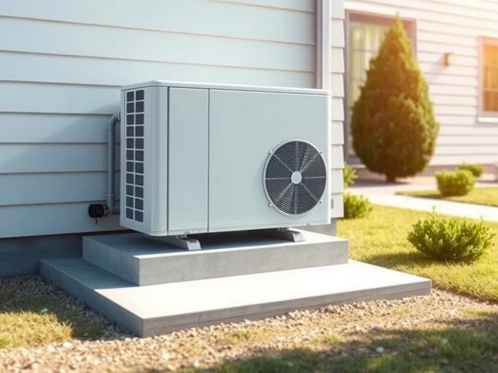 Zewnętrzna pompa ciepła zamontowana na gotowym fundamencie przy ścianie domu, otoczona żwirem i niską roślinnością.