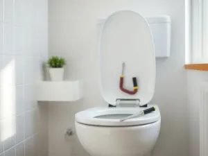 Zbliżenie na nowoczesną toaletę z otwartą spłuczką i narzędziami, ilustrujące montaż spłuczki krok po kroku.