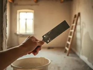 Ręka wygładzająca pacą świeży tynk na popękanej ścianie w starym domu, w tle drabina i jasne okno podczas remontu.