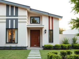 Nowoczesna elewacja domu z ozdobnymi pasami kolorystycznymi, prostymi oknami i drewnianymi drzwiami wejściowymi.