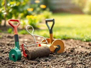 Różne wałki do ugniatania gruntu ustawione na ziemi, pokazujące wybór narzędzi do trawnika i prac ogrodowych