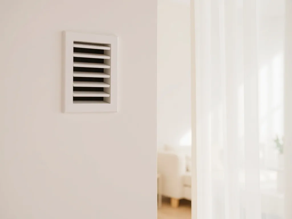Kratka wentylacyjna na białej ścianie, poruszająca lekką zasłonę, symbolizująca problem nieprawidłowego ciągu.