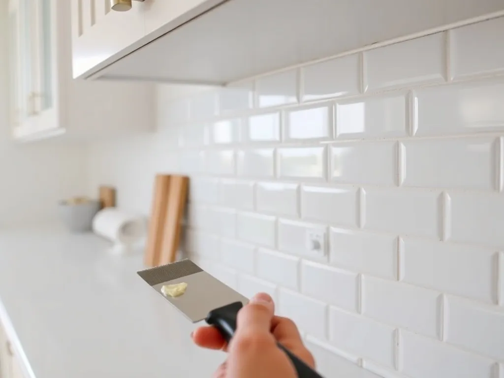Zbliżenie na układanie białych płytek między blatem a szafkami kuchennymi, widoczna paca i krzyżyki dystansowe.