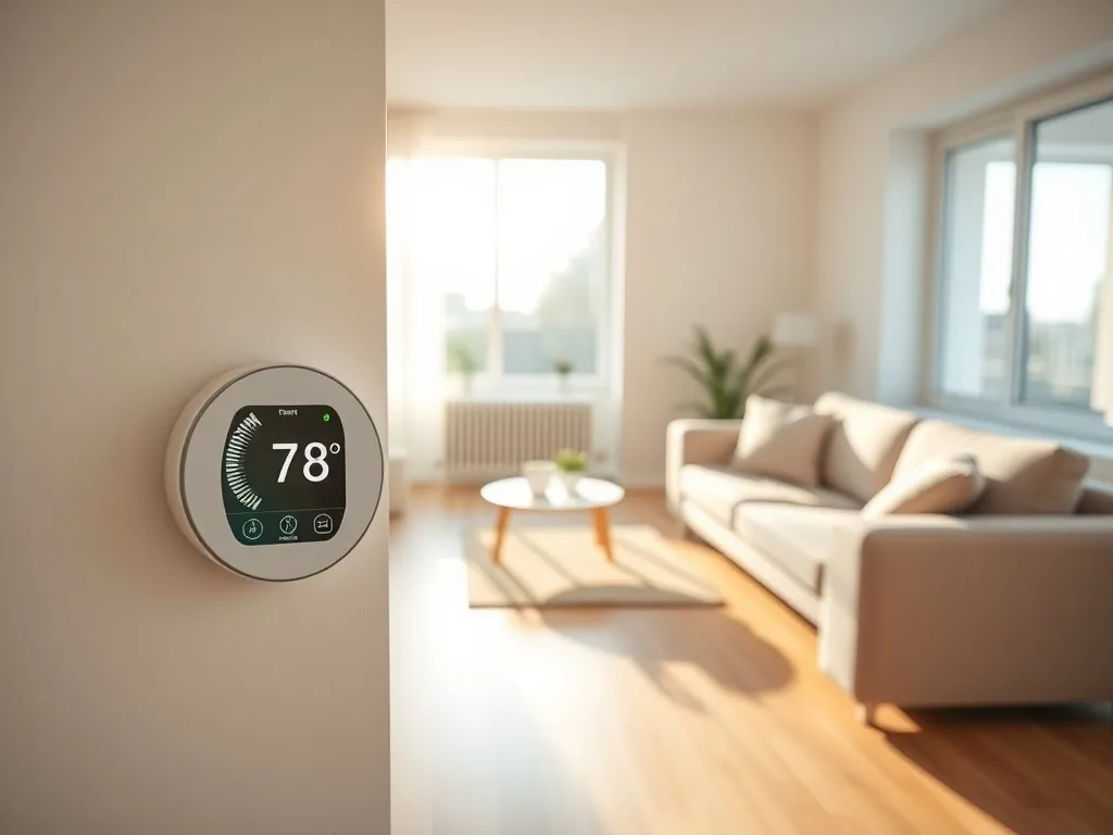 Nowoczesny salon z jasną podłogą i termostatem, podkreślający komfort oraz energooszczędne ogrzewanie podłogowe elektryczne.