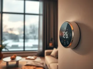 Nowoczesny termostat gazowy w ciepłym salonie utrzymuje komfortową temperaturę, gdy za oknem widać zimowy, ośnieżony krajobraz.