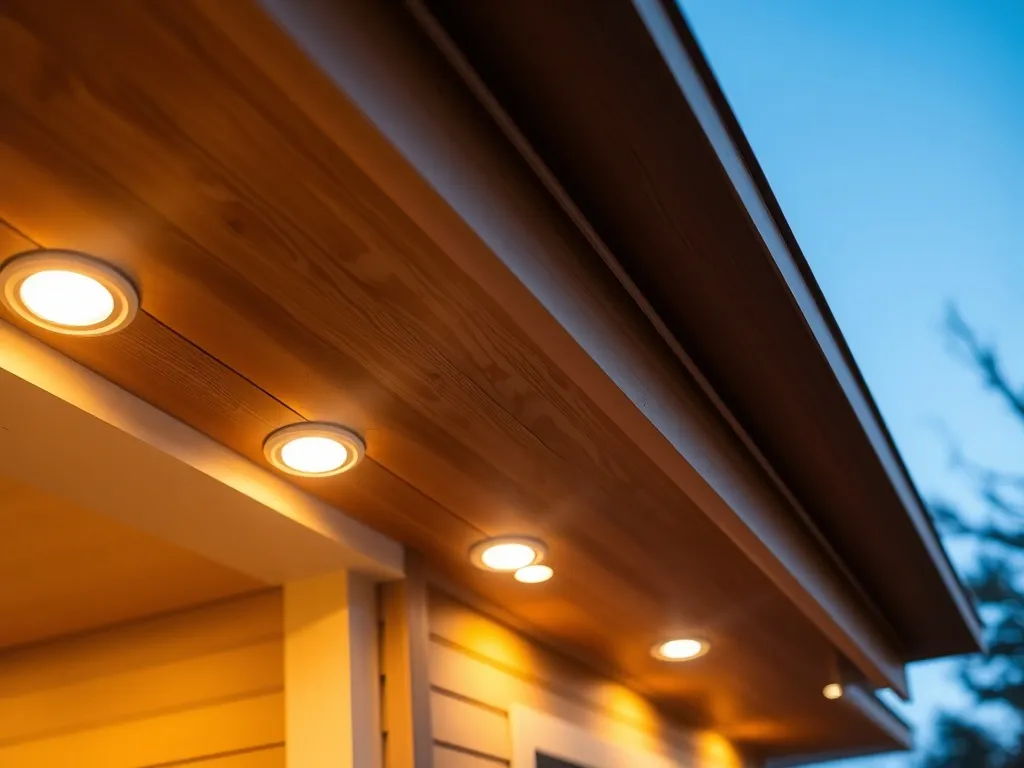 Podbitka drewniana z równomiernie rozstawionymi, ciepło świecącymi halogenami, widok z dołu na elewację domu.