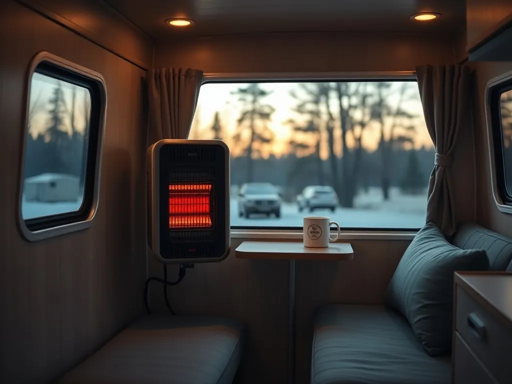 Przytulne wnętrze przyczepy z nowoczesnym ogrzewaniem gazowym, ciepłe światło w środku i chłodny kemping za oknem