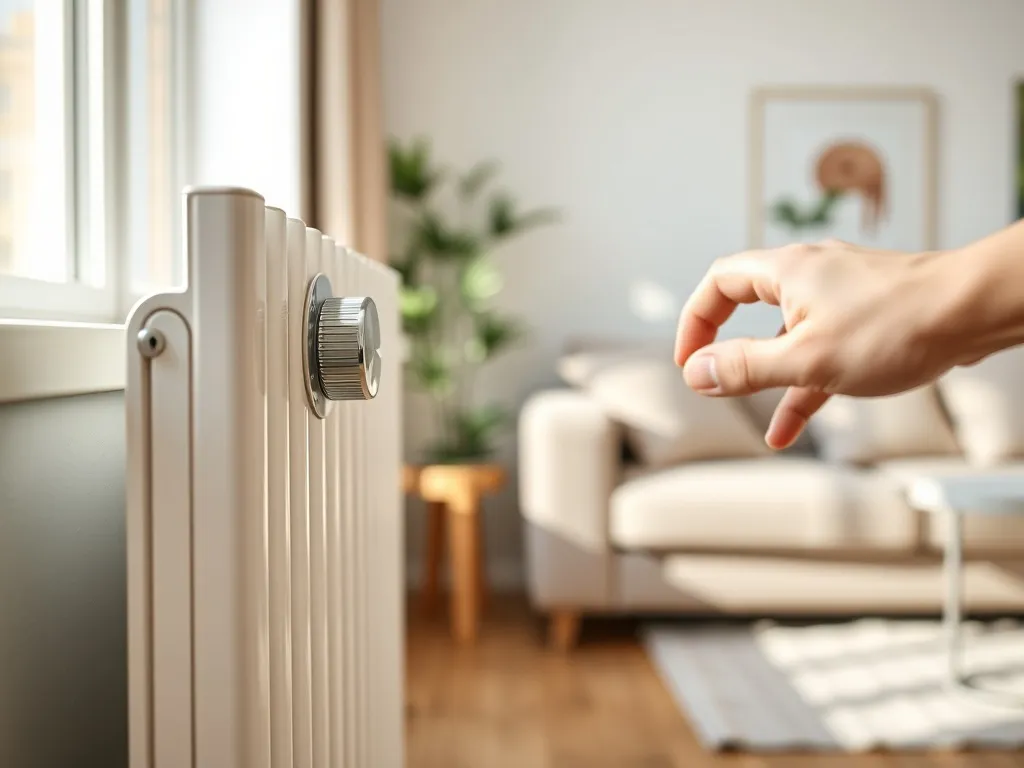 Dłoń regulująca termostat białego grzejnika w przytulnym salonie, ilustrująca ustawianie grzejników przy ogrzewaniu gazowym.