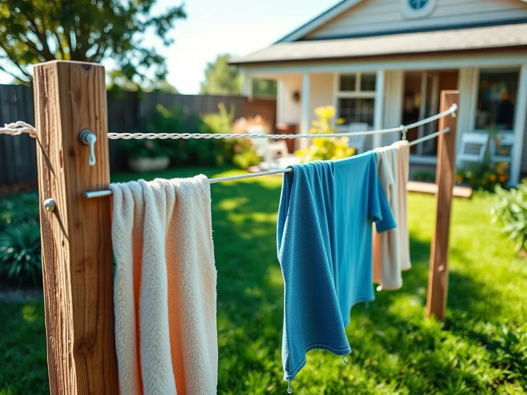Prosta ogrodowa suszarka DIY z drewna i metalu z kolorowym praniem na tle trawnika, roślin i domu w słoneczny dzień