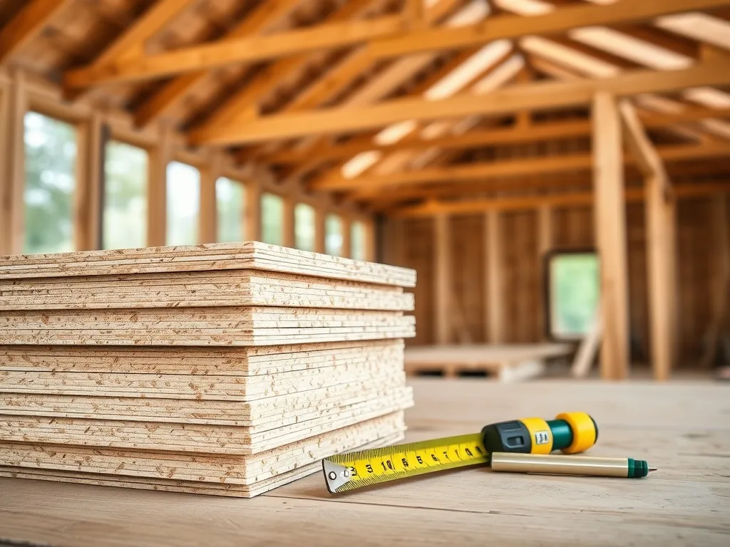 Stos płyt OSB na stole z miarką i ołówkiem, podkreślający dobór grubości płyt na więźbę dachową