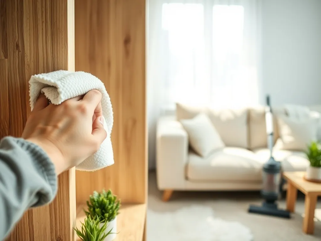 Ręka ścierająca kurz z drewnianej półki przed odkurzaniem, w tle odkurzacz w jasnym, uporządkowanym salonie.