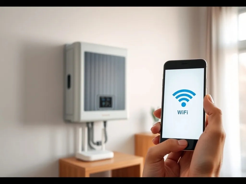 Falownik fotowoltaiczny w domu, użytkownik łączy go z siecią Wi‑Fi za pomocą smartfona, w tle router na półce.