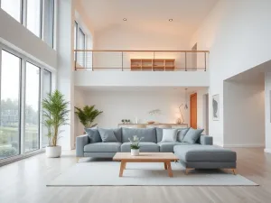 Jasny, skandynawski salon z wysokim sufitem, dużymi oknami i antresolą, urządzony minimalistycznie w neutralnych barwach.