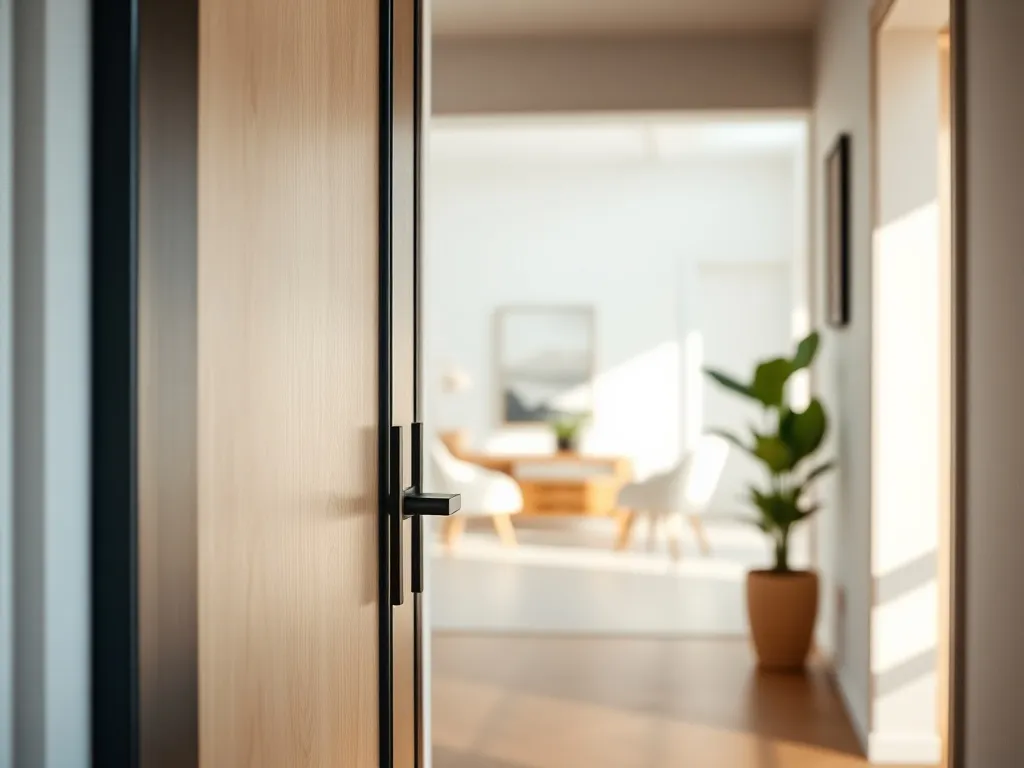 Nowoczesne drzwi z jasnego drewna z kontrastową, ciemną futryną w skandynawskim wnętrzu jasnego korytarza