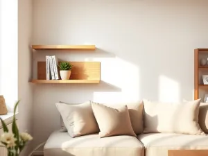 Jasna drewniana półka ścienna z książkami, rośliną i dekoracją w skandynawskim salonie w neutralnych, przytulnych barwach.