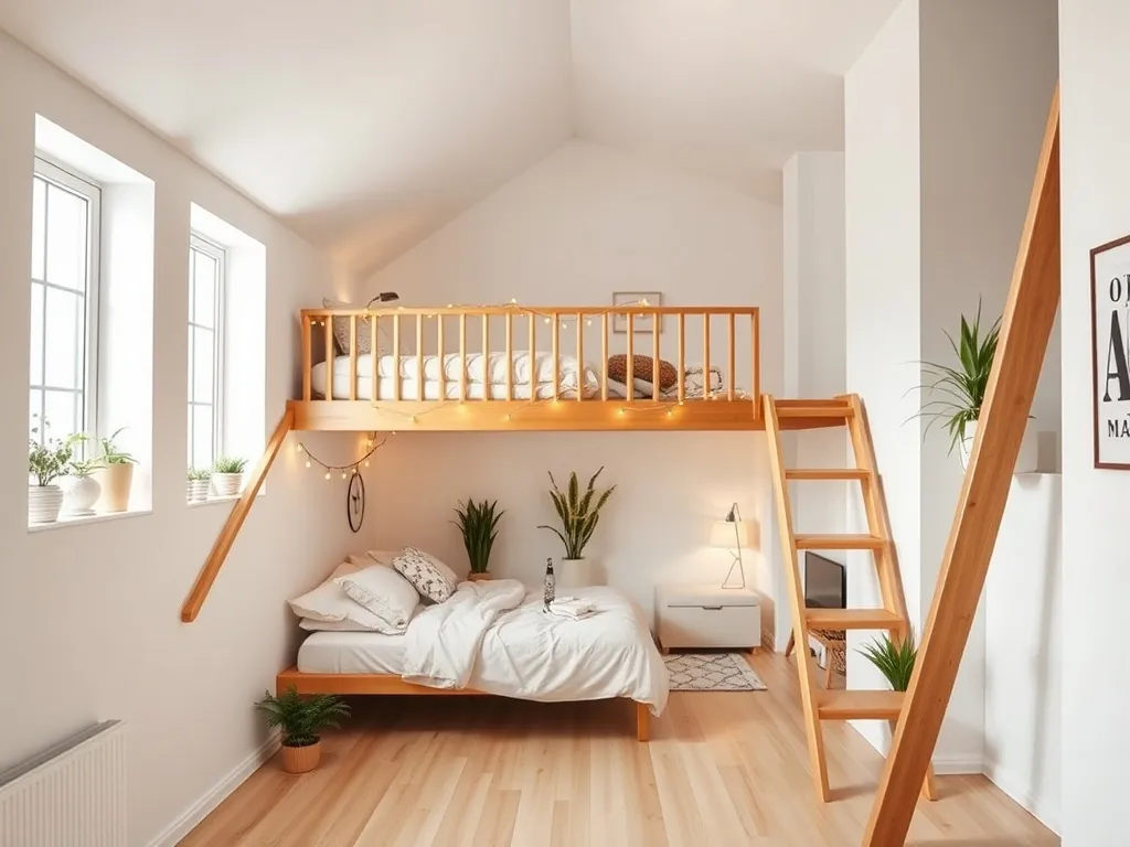 Przytulna antresola z niskim łóżkiem, girlandą świateł i schodami w jasnym, skandynawskim mieszkaniu o wysokości 2,5 m.