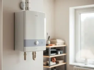 Nowoczesny wiszący kocioł gazowy w jasnej kotłowni, podłączony do instalacji, podkreślający komfort i ciepło w domu.