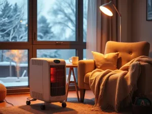 Przytulny salon z elektrycznym grzejnikiem przy fotelu, podkreślający tanie, oszczędne ogrzewanie zimą.