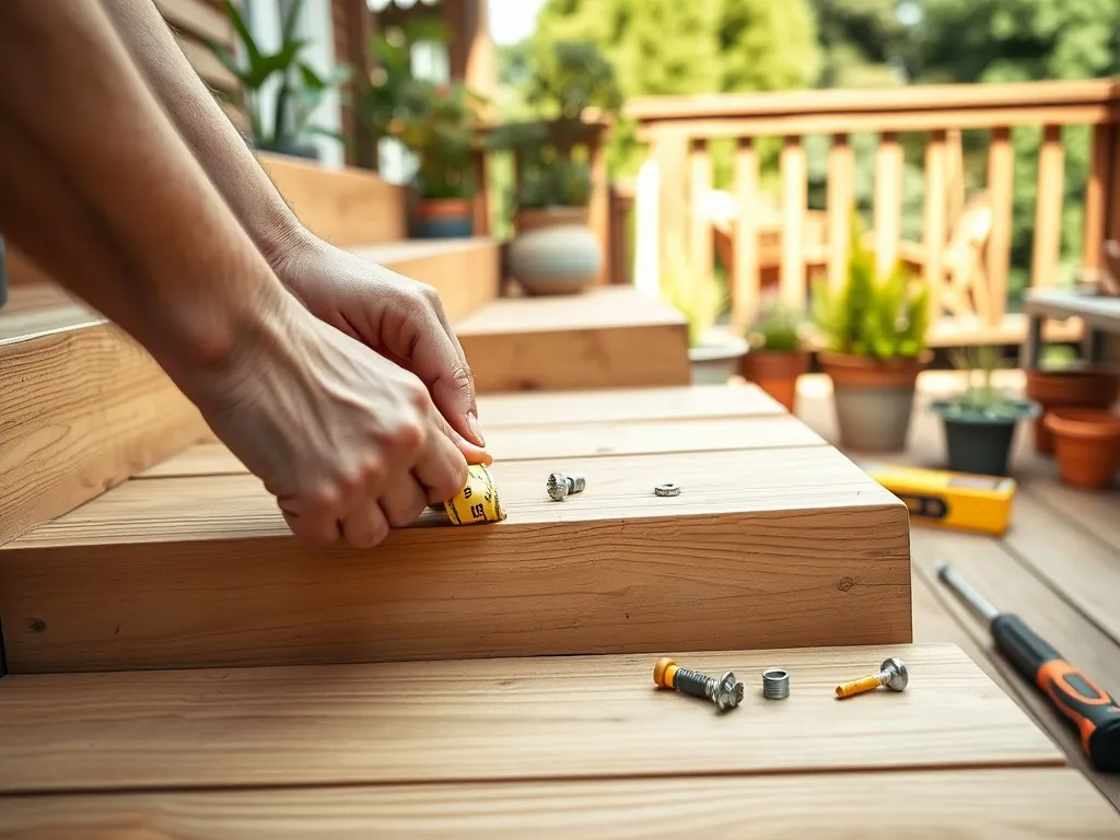 Ręce mierzą i zaznaczają deskę podczas budowy prostych drewnianych schodów na taras, wokół narzędzia i ogród w tle.