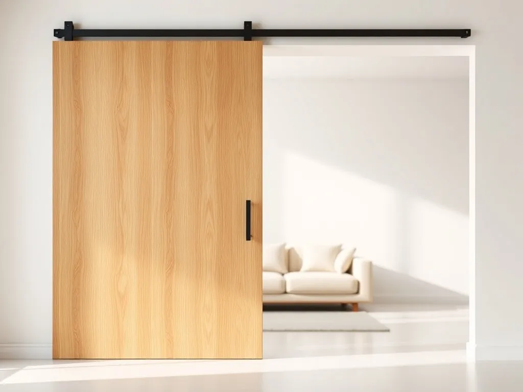 Nowoczesne drewniane drzwi przesuwne na metalowej prowadnicy w minimalistycznym, jasnym salonie