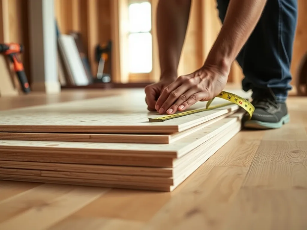 Dłonie mierzą miarką grubość płyty OSB na podłodze w remontowanym pomieszczeniu, obok leżą ułożone płyty.