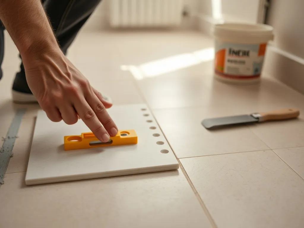 Układanie płytek podłogowych: dłonie układają płytkę na kleju z użyciem poziomicy i krzyżyków dystansowych.