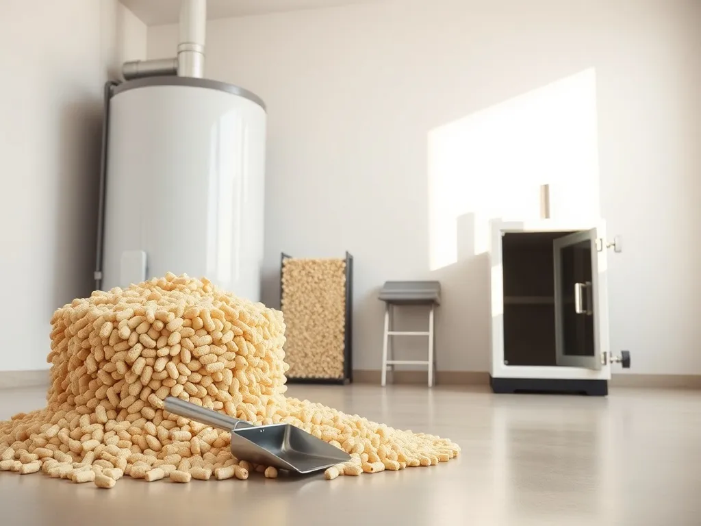 Nowoczesny kocioł na pellet i uporządkowane worki pelletu, ilustrujące zużycie opału dla domu o powierzchni 150 m².