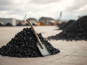 Stos ułożonego węgla orzech na betonie z łopatą, w tle składowisko węglowe, ilustracja tematu ceny węgla.