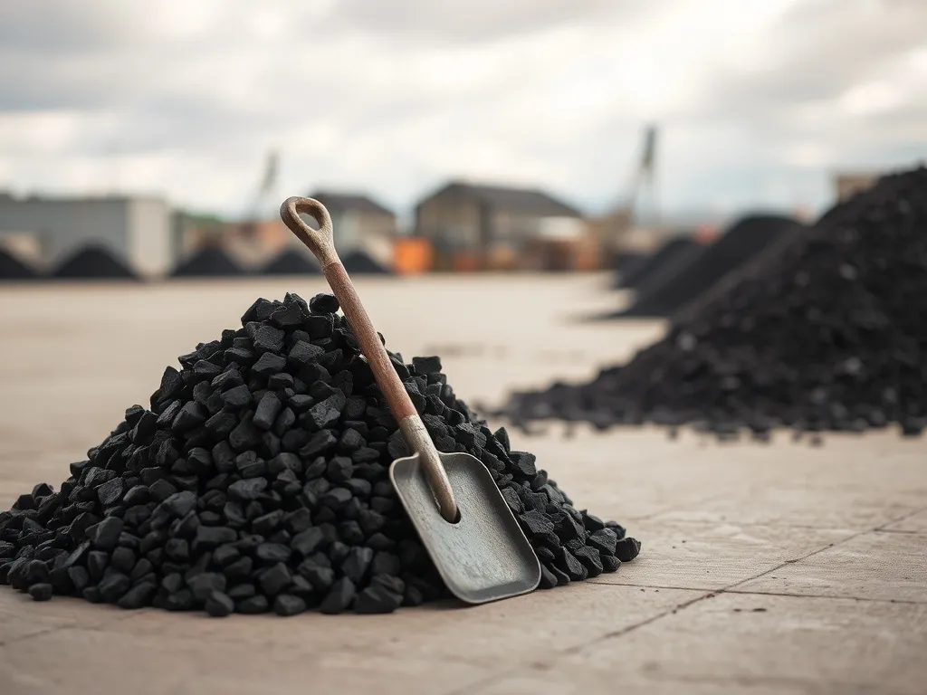 Stos ułożonego węgla orzech na betonie z łopatą, w tle składowisko węglowe, ilustracja tematu ceny węgla.