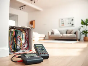 Otwarta puszka elektryczna z przewodami i miernikiem podczas montażu instalacji w nowym, wykańczanym salonie 80 m².