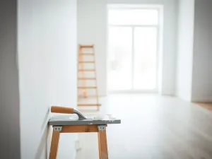 Gładko wyszpachlowana biała ściana, szpachelka na drabinie w pustym, jasnym wnętrzu po remoncie