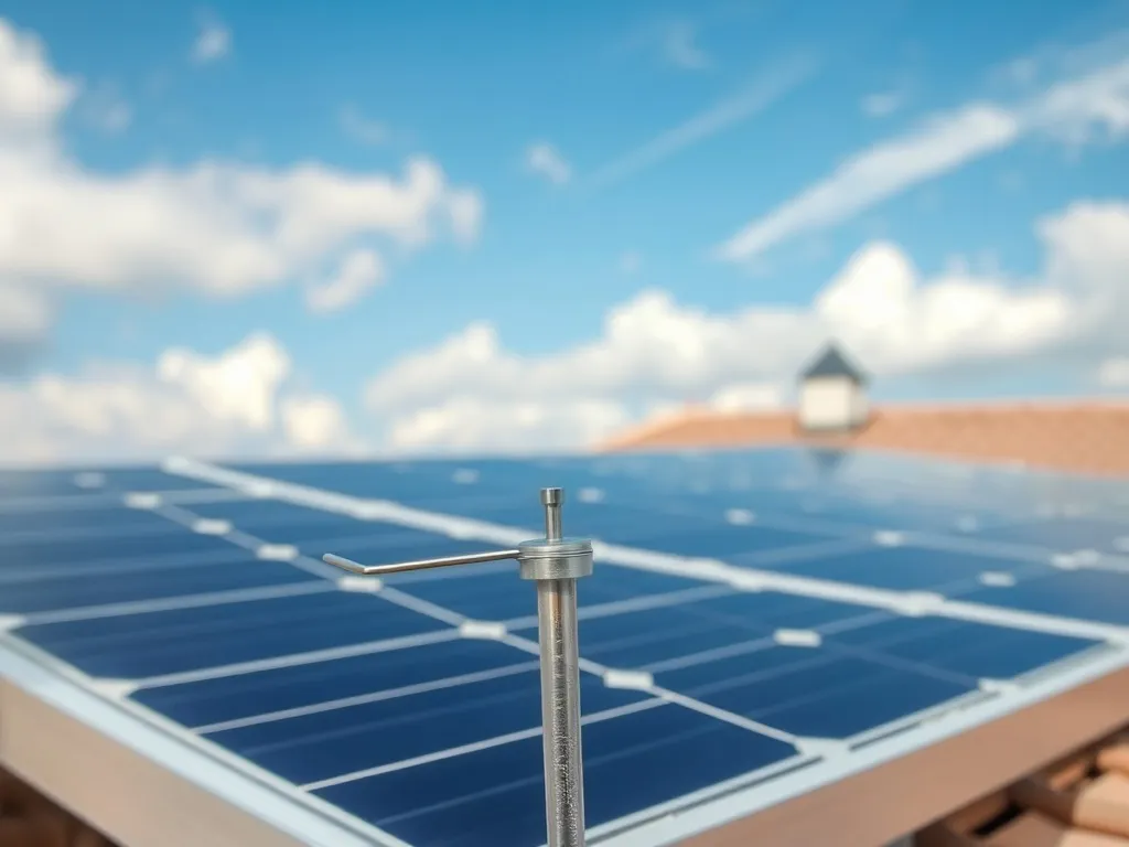 Zbliżenie uziemienia paneli fotowoltaicznych na dachu – przewód i pręt uziemiający pokazane w prostym, czytelnym schemacie.