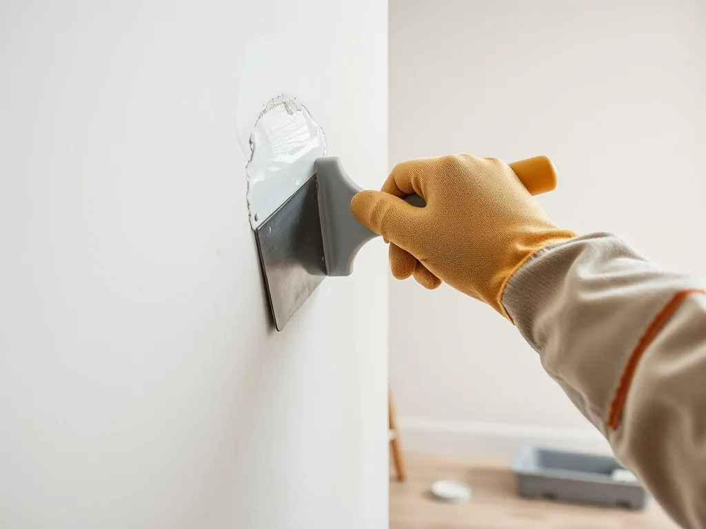 Dłoń w rękawicy zeskrobuje starą olejną farbę ze ściany metalową szpachelką, obok drabina i kuweta malarska