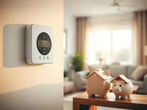 Termostat i panel kotła gazowego obok skarbonki-domku, symbol oszczędnego ogrzewania gazowego w przytulnym salonie.