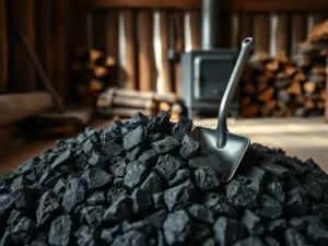 Stos węgla z łopatką w drewnianej szopie, w tle piec na paliwo stałe i drewno – domowe ogrzewanie na zimę