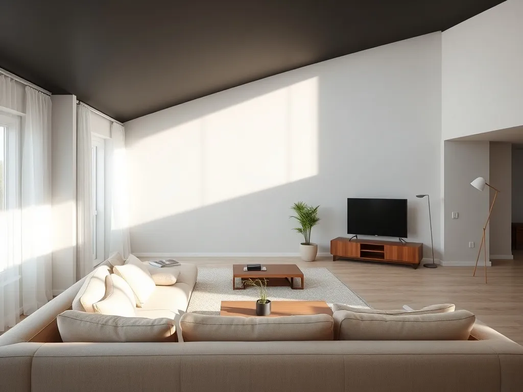 Nowoczesny salon z matowym czarnym sufitem, jasnymi ścianami i beżową sofą, pokazujący elegancką, przytulną aranżację.