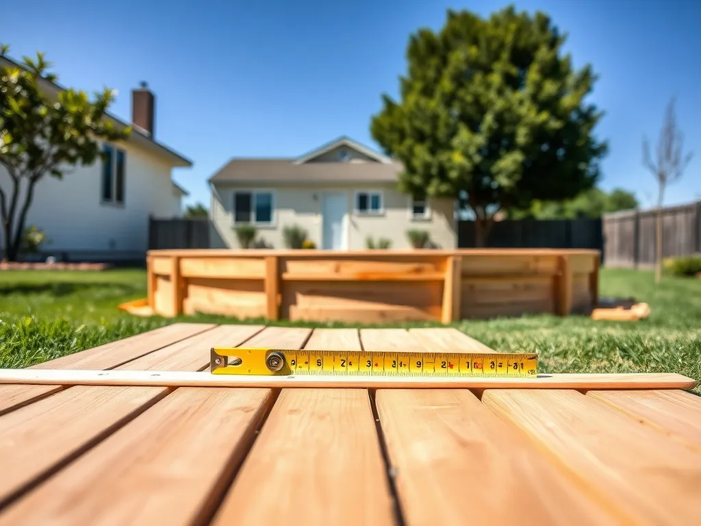 Zbliżenie na montaż drewnianego basenu ogrodowego: deski, poziomica i miarka na trawie, w tle okrągły stelaż basenu.